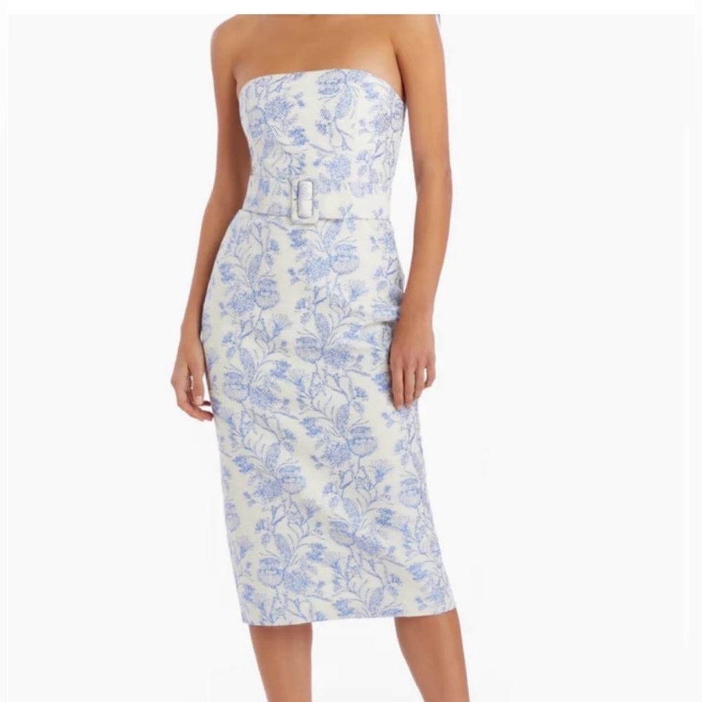 Amanda Uprichard Fae Strapless Light Blue Jacquard midi dress with Belt NWT